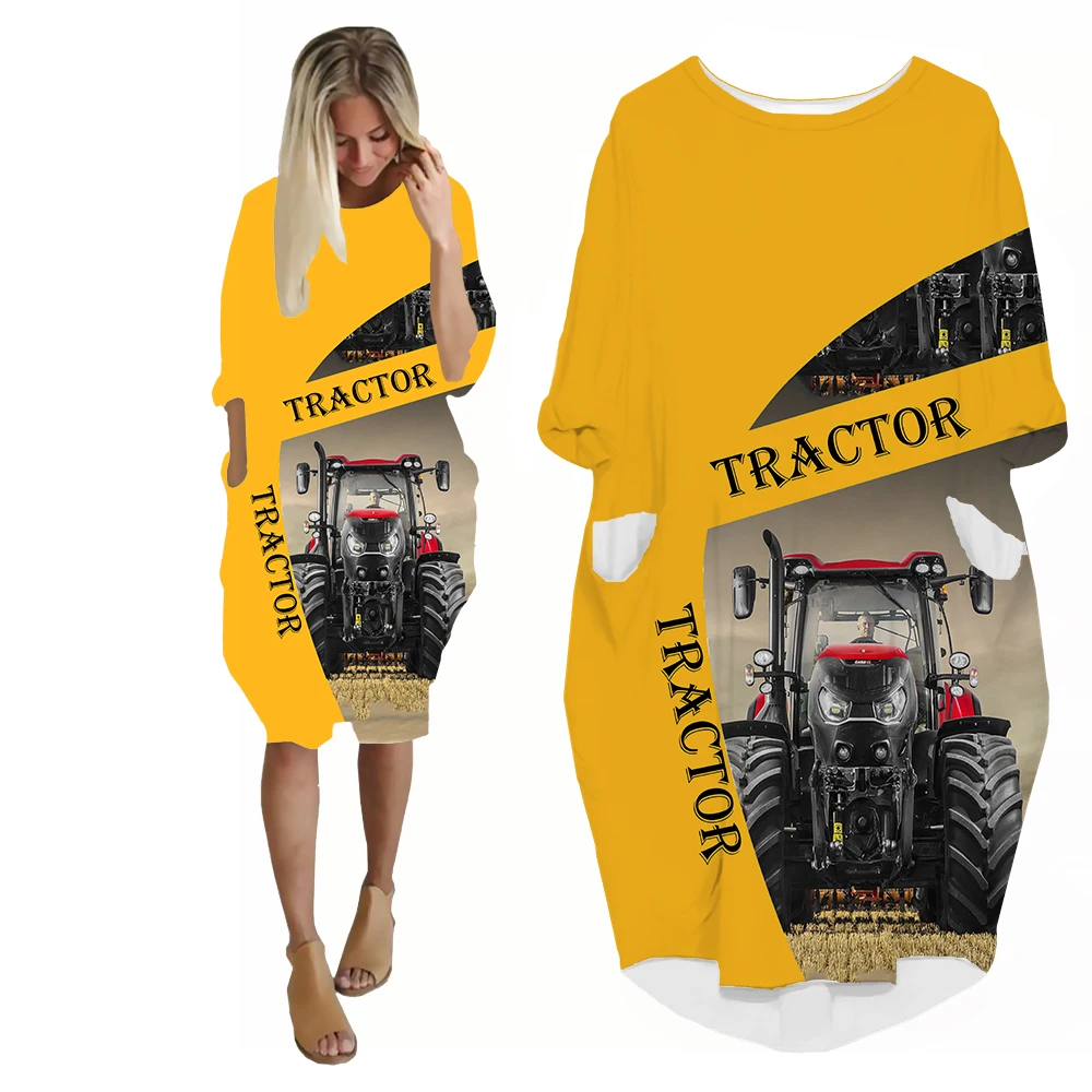 SONSPEE Yellow Farm Harvester Graphic 3D Printed Dress Long Sleeve Street Heavy Truck Car Skirt Female Casual Robe Clothing