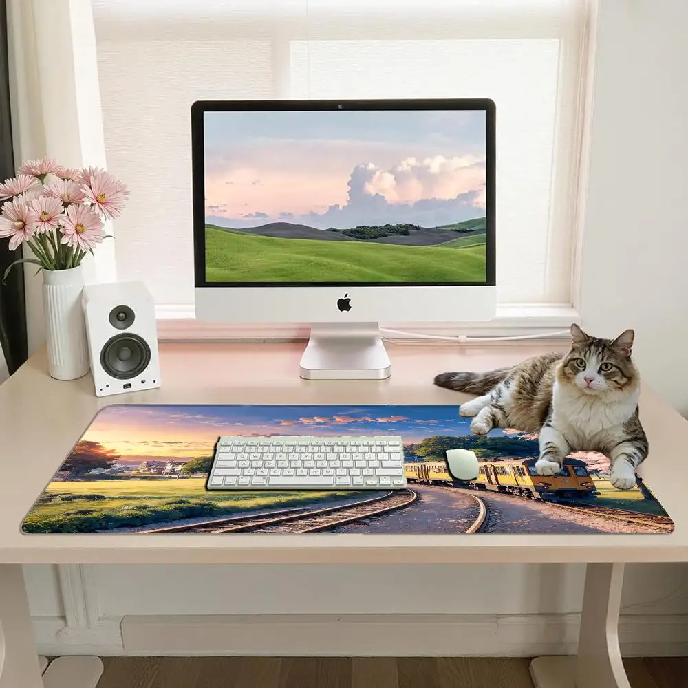 Large Anime Countryside Gaming Mouse Pad Sunset Cherry Blossom Train Rural Railway Meadow Dusk Sky pc accessories