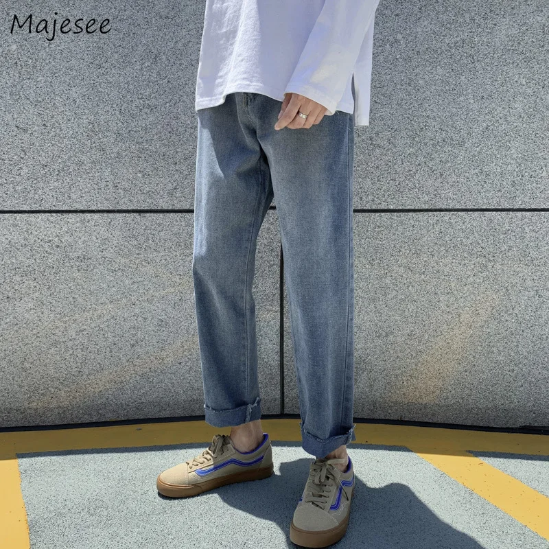 

Light Blue Jeans Men Korean Style Students All-match Spring New Pockets Design Ankle-length Simple Empire Denim Popular Casual