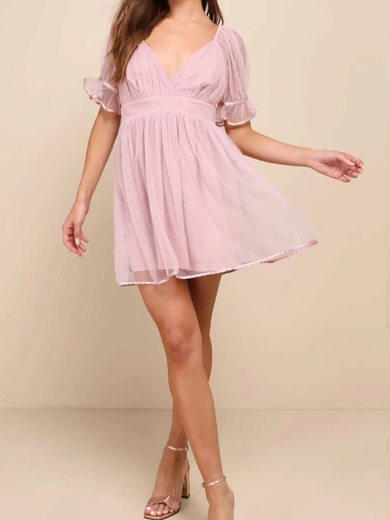 

Элегантное фатиновое платье с V-образным вырезом и короткими рукавами, розовое, модное, универсальное, для вечеринок, с завышенной талией, с рукавами-фонариками, летнее платье