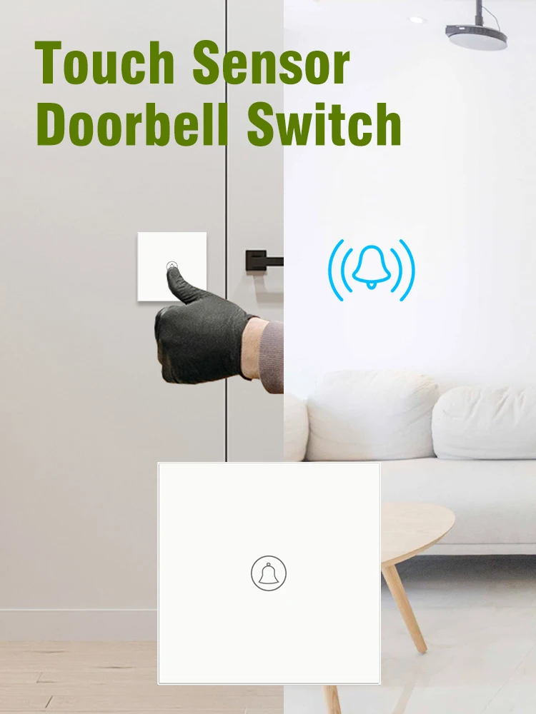 LOUYSGEN Doorbell Switch No Neutral Wire EU 1Way 500W Glass Panel Touch Sensor Switch 110/220V Hotel Home Backlight