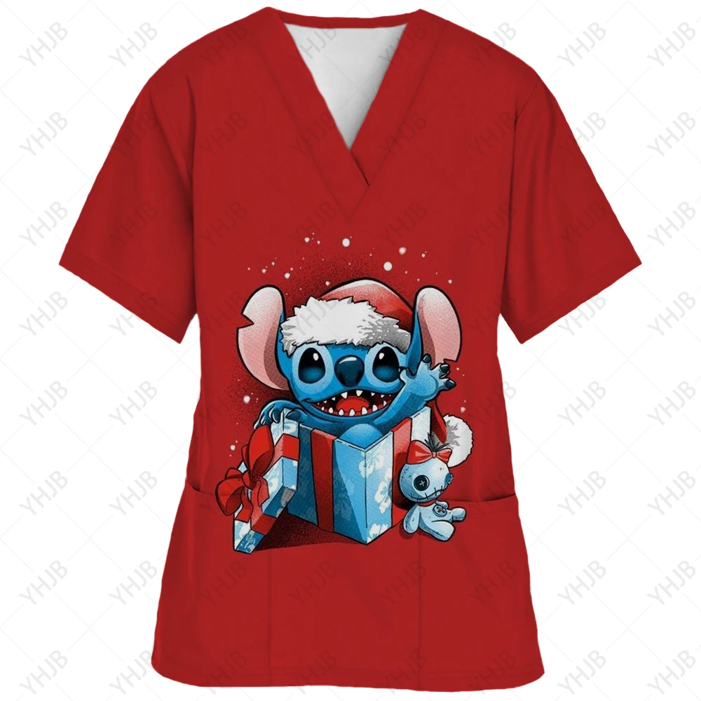 Disney Stitch Printed Nurse Scrubs Women Nurse Uniform V-neck Clinic Uniform Hospital Healthcare Spa T-shirt Blouse