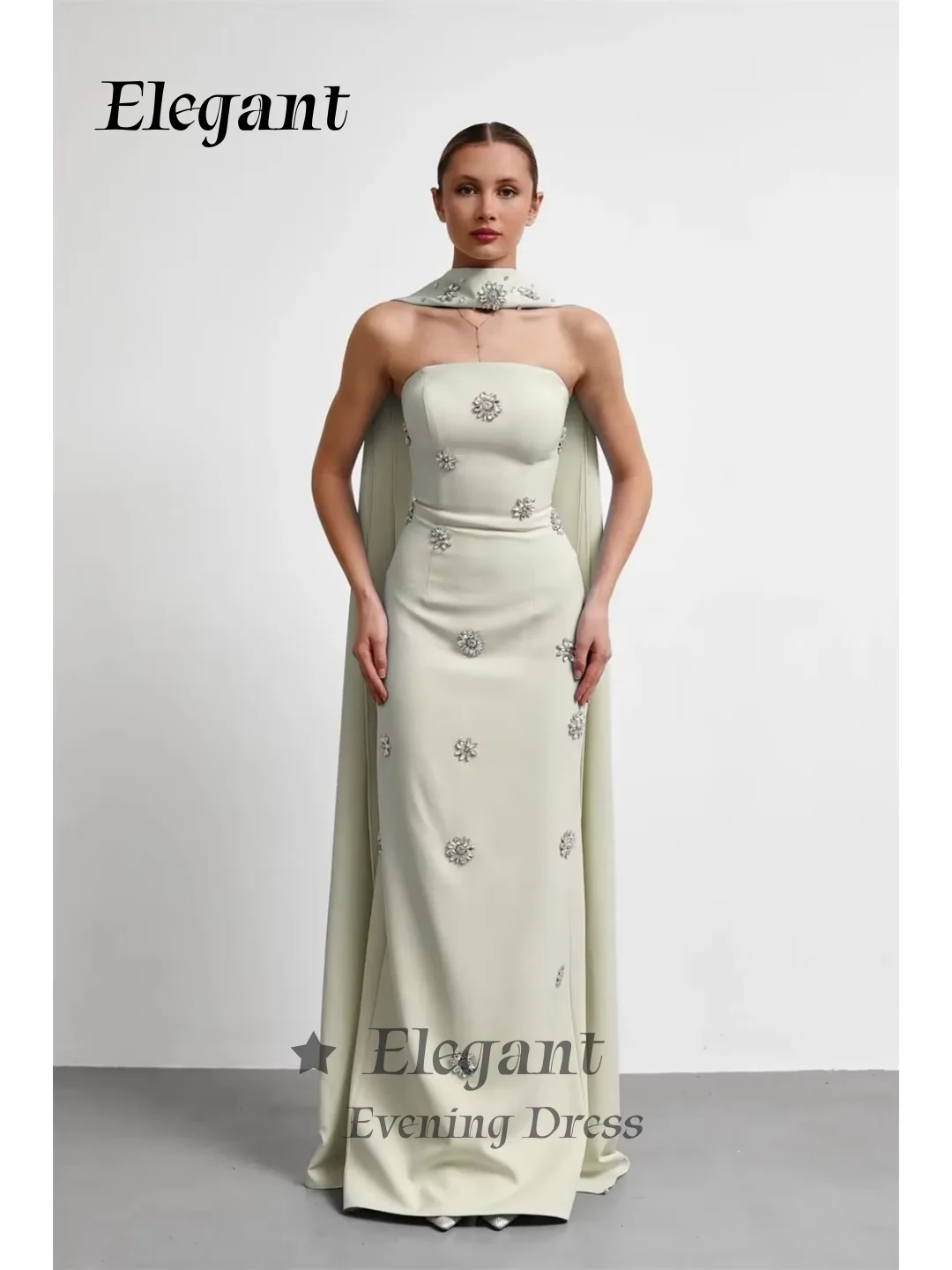 sage green strapless prom dress Formal Crepe 3D Floral Crystal Rhinestone Evening Gown Wedding Dresses vestidos de no Customized long sleeve prom dresses