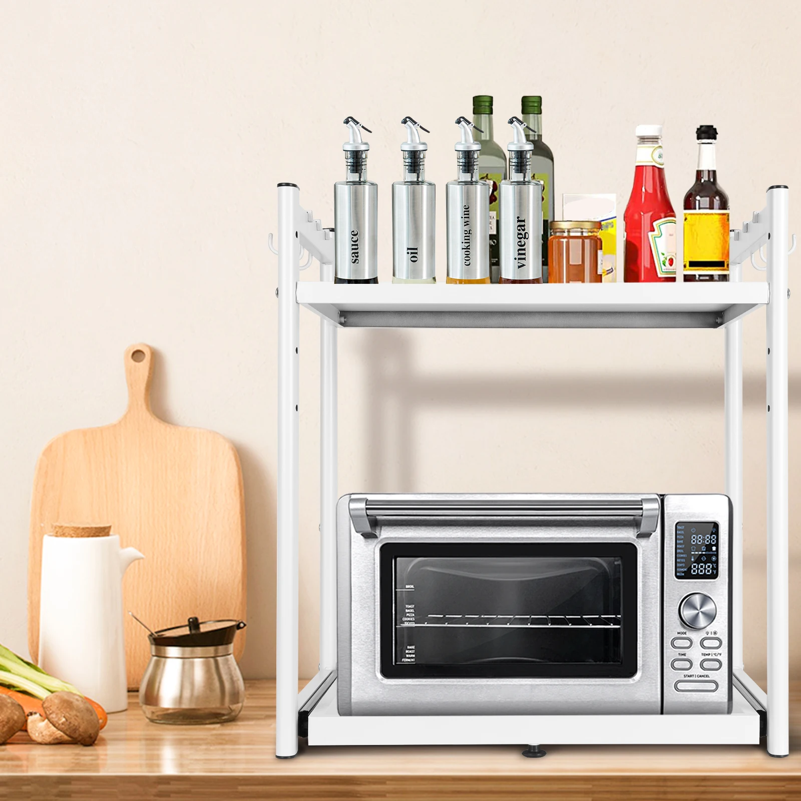 Expandable Microwave Rack with Hooks Microwave Storage Stand Non Slip Over Microwave Shelf Carbon Steel for Kitchen