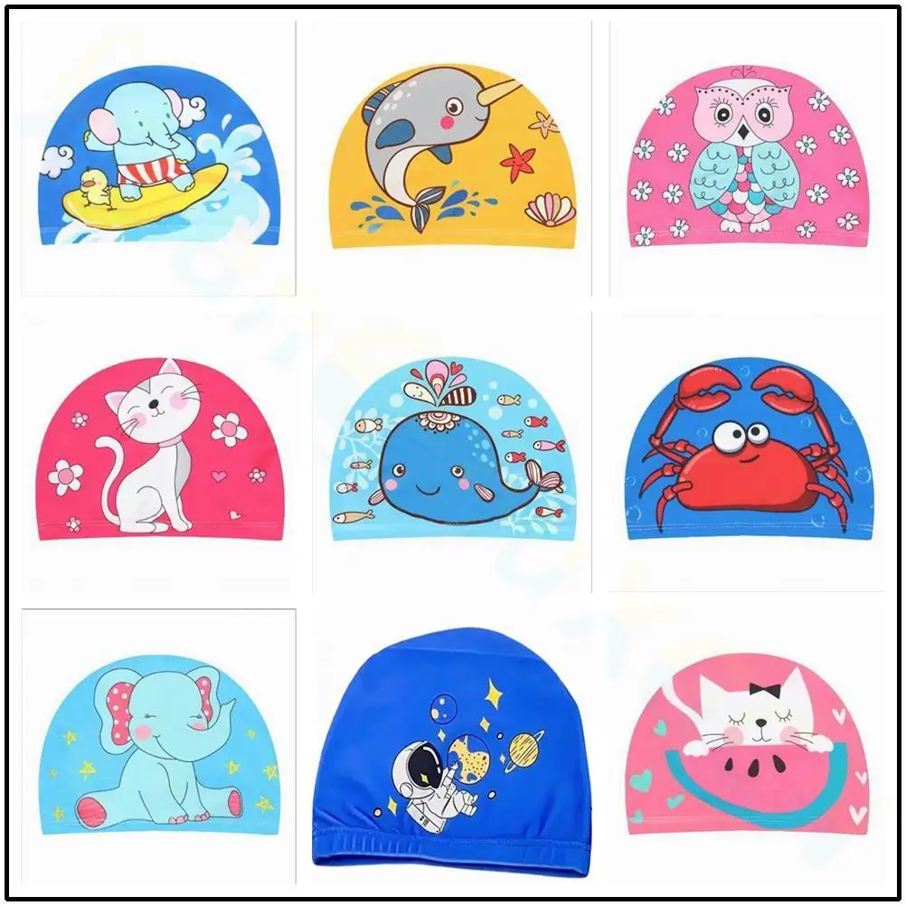 Kids Children Swimming Cap Cute Cartoon Fabric Swiming Pool Water Sport Protect Ears Hat  Boys Girls Swim Bathing Hats Caps