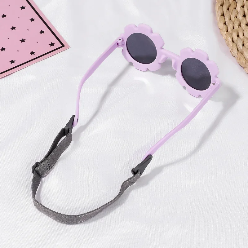 0-36 Months Baby Polarizrd Round Flower Sunglasses with Belt Flexible Durable TPEE Frame Mirrored UV400 TAC Lens Infant Eyewear