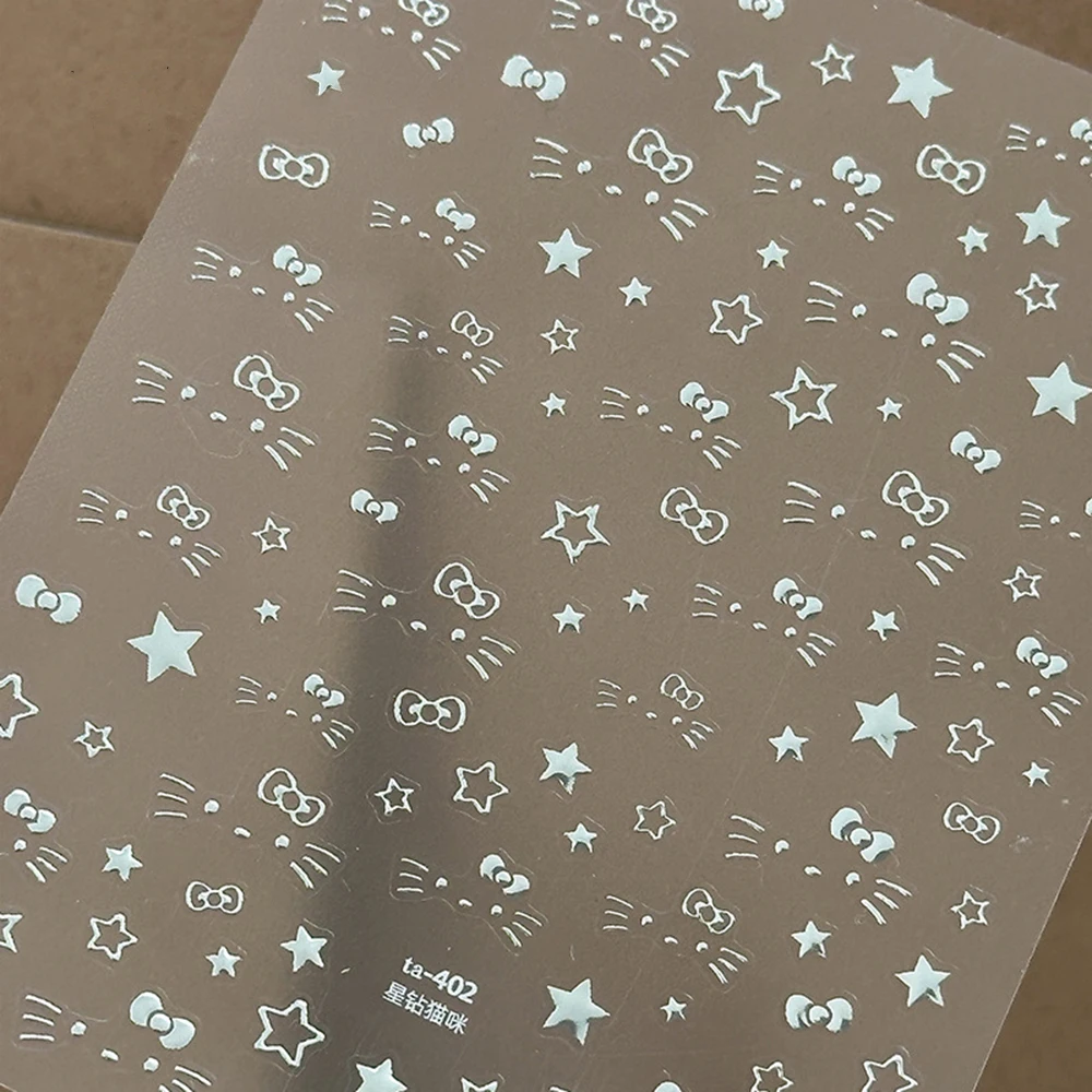 Calcomanías para uñas de Hello Kitty con lazo de estrella plateada 5D, pegatina con purpurina de Metal, cara de gato de gatito, deslizador de uñas con estrellas de cinco puntas, manicura DIY