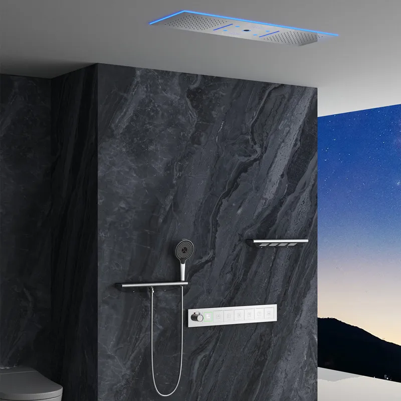 Multi-Function Concealed Shower System Single Ceramic Thermostatic Mixer Kit Massage Jets In-Wall Rainfall 6 Way Brass Brushed