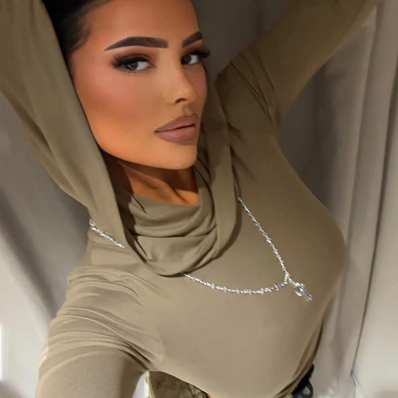 Women Hooded Top Tees New Autumn Sexy Long Sleeves Streetwear Solid Top Simple Basic Slim Fashion Versatile Tees Female Clothing