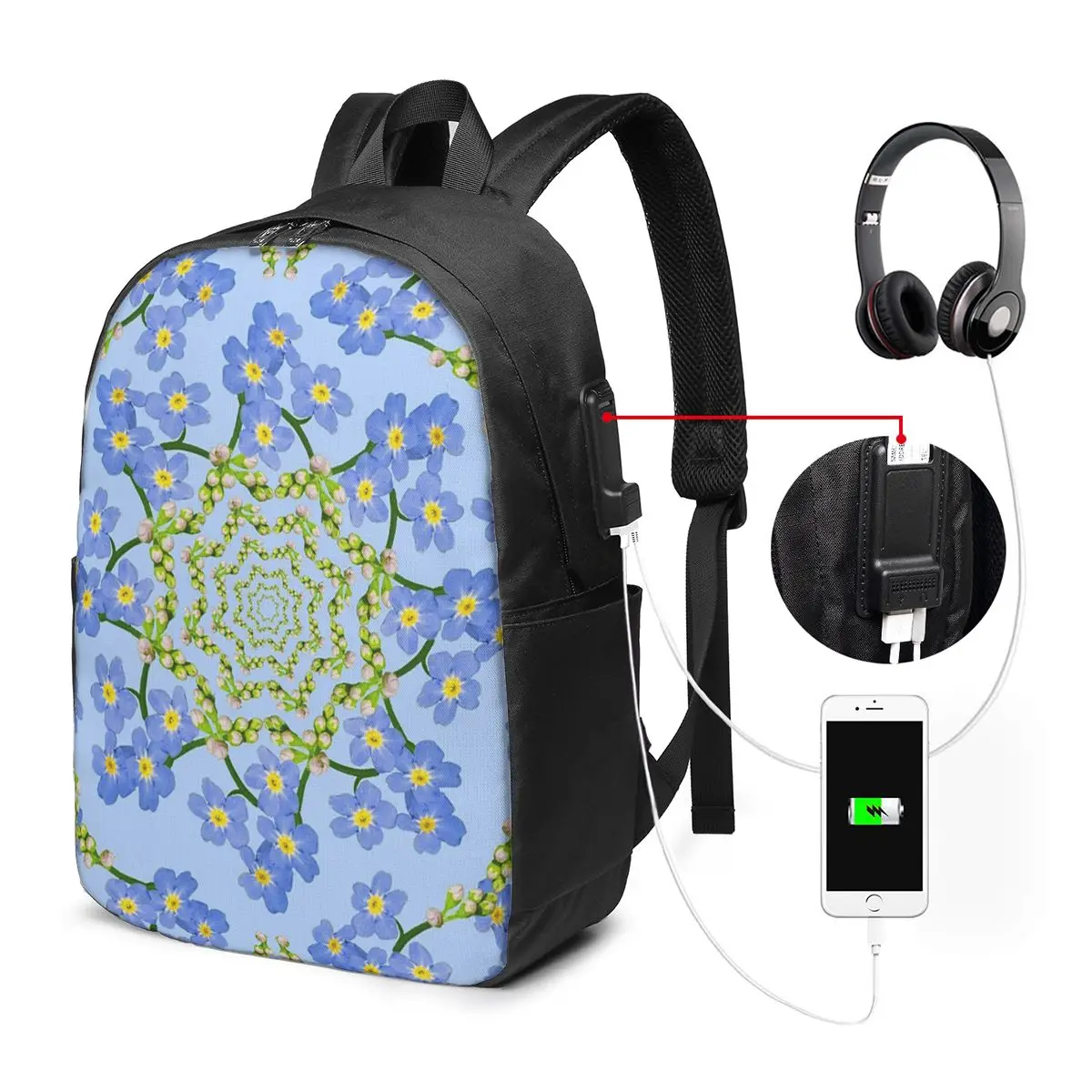 Forget-Me-Not Flower Pattern Backpack Travel Notebook Bag Computer College Student School Bag Laptop Shoulder Bags for Men Women