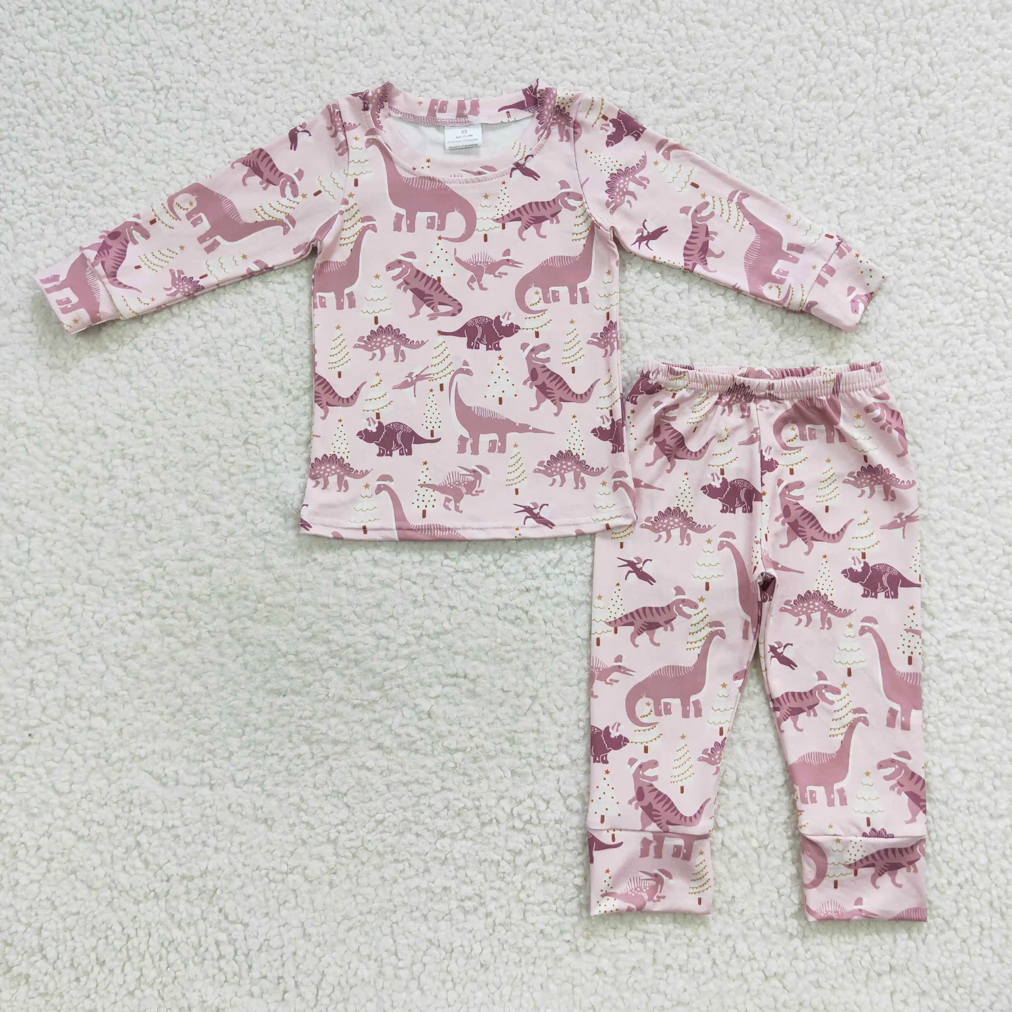 

Girls Christmas Pajama Set Wholesale Christmas Tree Pink Dinosaur Long Sleeve Pants Set