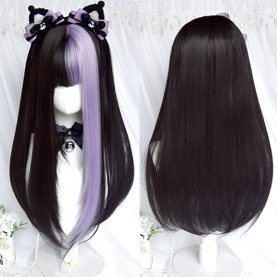 Synthetic Wigs Long Straight Wig with Bangs Two Tone Half Purple Half Black Colorful Party Lolita Hair Wig Heat Resistant