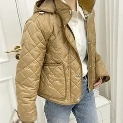 Women's Short Coat waisted diamond plaid quilted corduroy khaki brown black light blue hooded lapel small fragrant cotton jacket