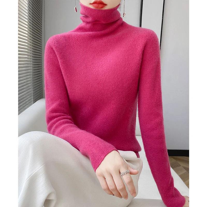 100% Pure Wool Women Sweater Autumn Winter Fashion Pile Collar Pullover Cashmere Sweater Casual Long-sleeved Knitted Tops