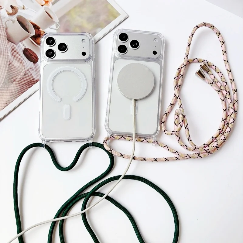 Magnetische Hülle mit Trageband für iPhone 17 Pro Max 15 14 13 18 16 Plus 17E Crossbody Lanyard Stoßfeste PC Transparente Hülle mit Kabelloser Ladefunktion