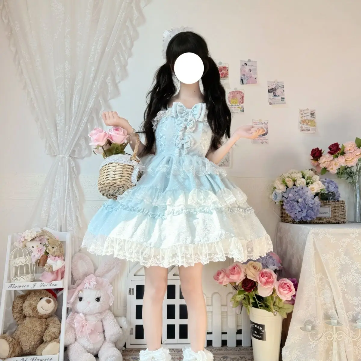 Sweet Lolita Mint Blue Jsk Dress Big Bow Embossed Lace Tiered Mini Skirt Kawaii Summer Harajuku Party Princess Dress