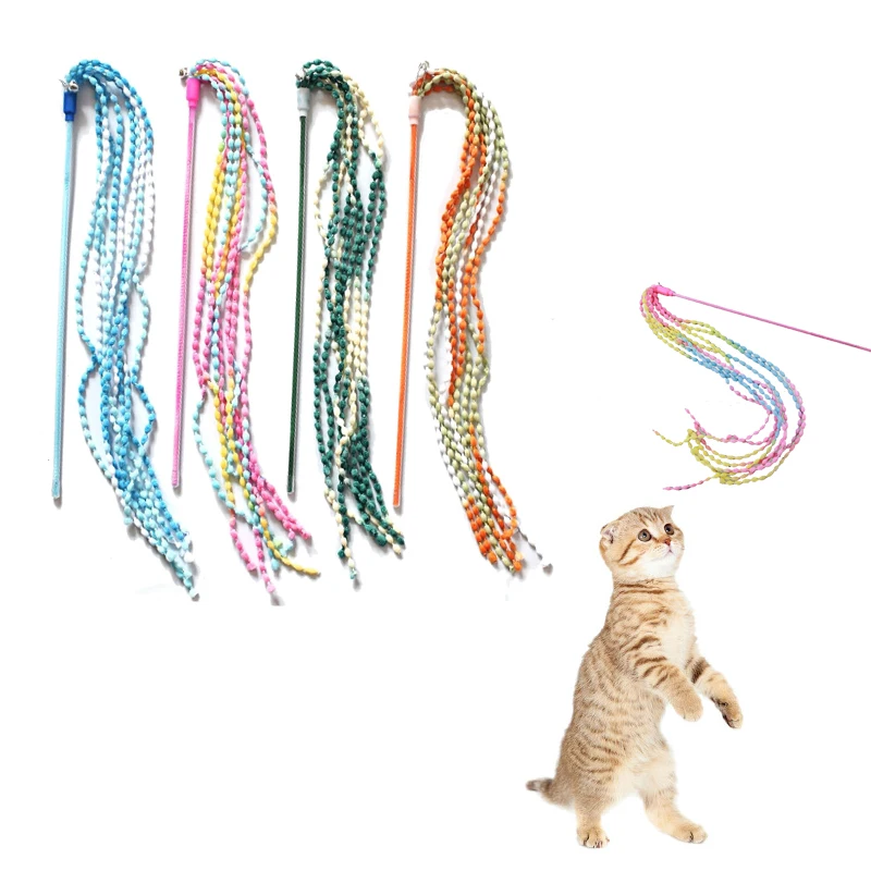 Cat Teaser Toys Plush Srtip Cat Wands Interactive Cat Teasing Stick Vibrant Cat Teaser Wands with Bell for Cat Kitten Having Fun