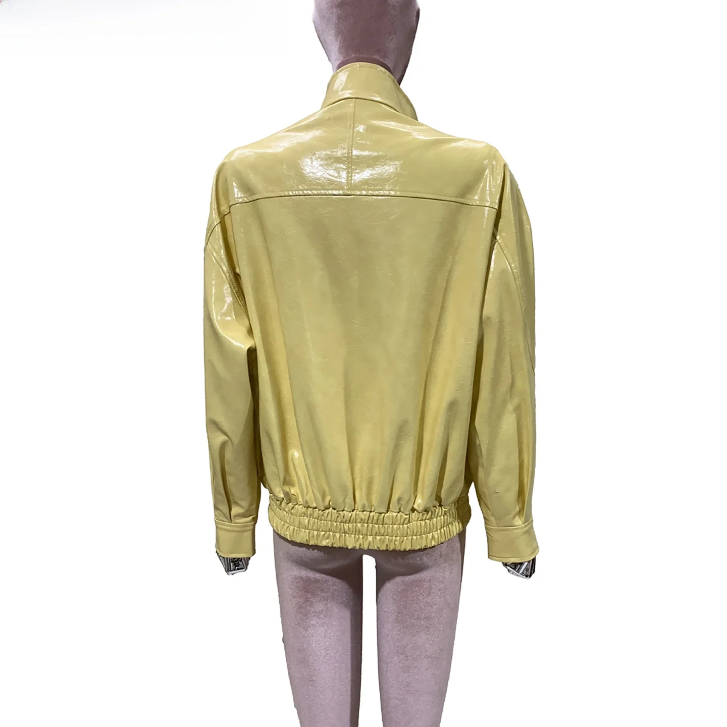 

Nerazzurri Women's Short Zipper Bright Yellow PU Leather Jacket Stand Collar Biker Coat High Gloss Cool Style Standard Fit