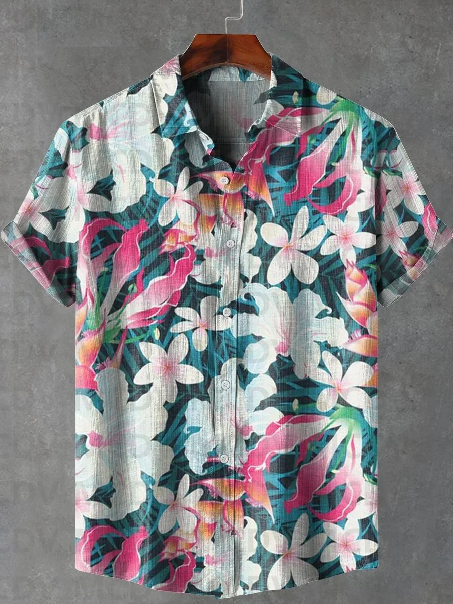 الرجال والنساء الزهور الاستوائية مصنع الفن طباعة طية صدر السترة قميص عارضة ، قمصان هاواي الصيف