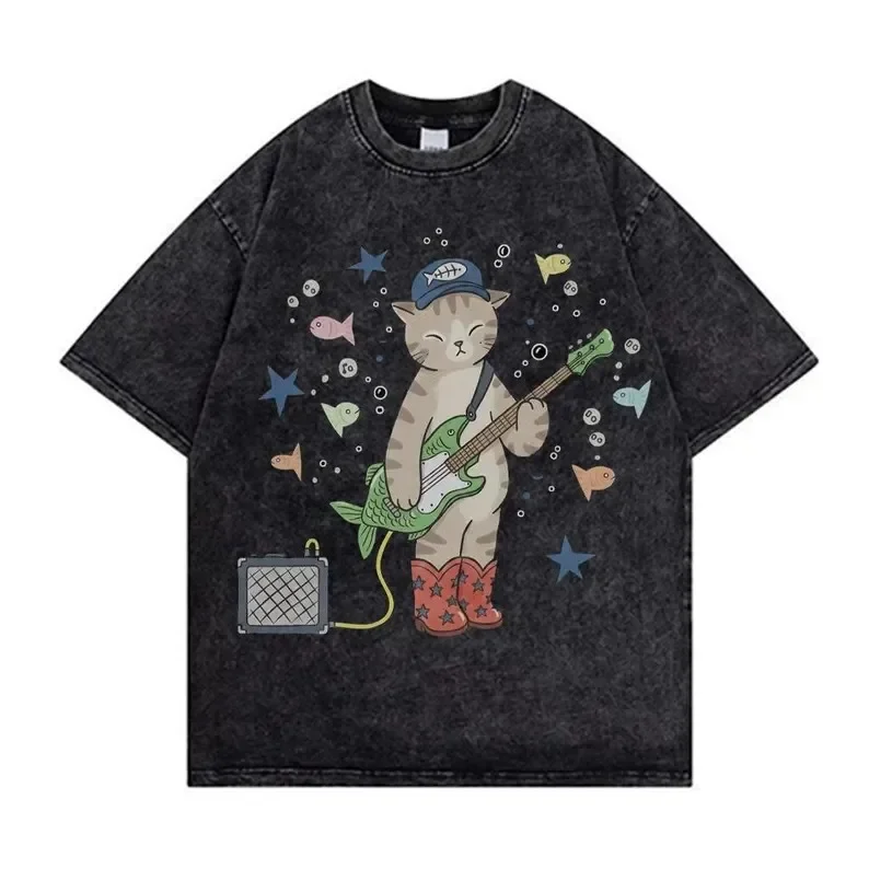 Vintage Washed Cat Guitar T-Shirt Funny Music Kitten Graphic Tee Oversized Streetwear Hip Hop Casual Acid Wash Gray Top for Men