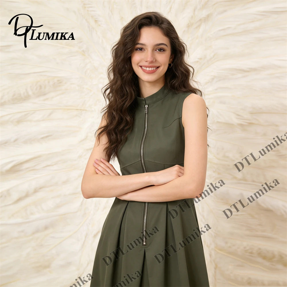 

Olive Green Sleeveless Midi Dress Stand Collar Front Zipper Pleated Skirt Retro Sophisticated Summer Dresses Many Colors