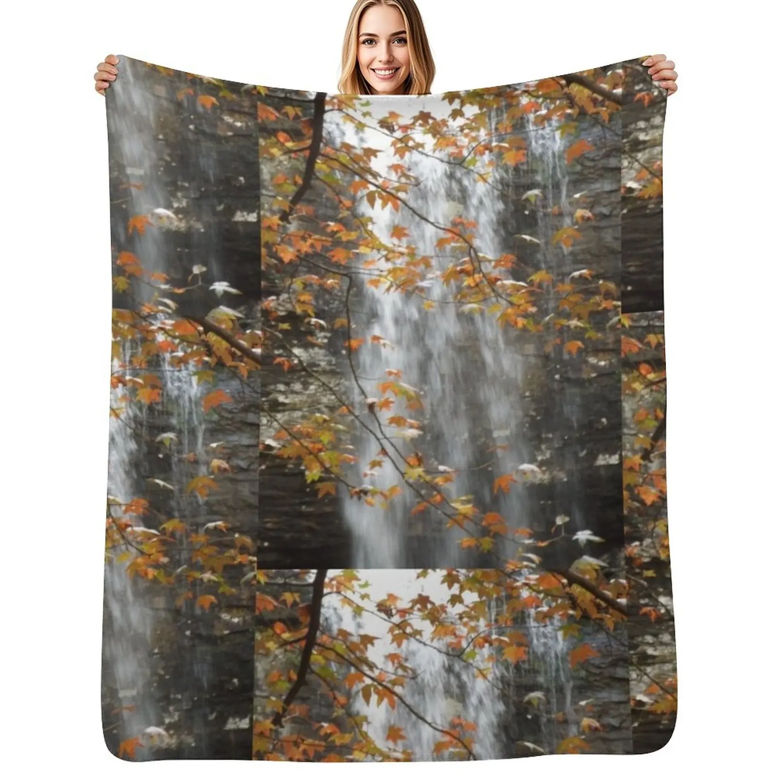 

Fall Leaves & Falling Water Throw Blanket Lightweight Warm Blanket for Travel Camping
