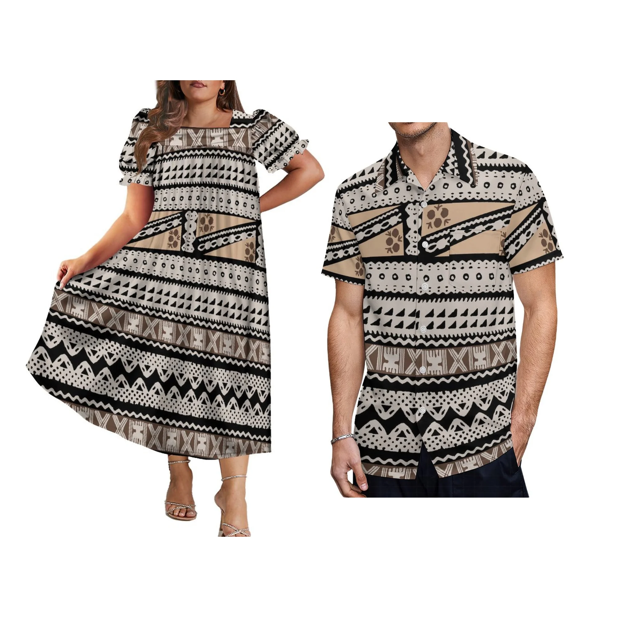 New Style Hem Widened Micronesian Mumu Dress Custom  Polynesian Tribal Print Women Big Size Puff Sleeve Puffy Dress