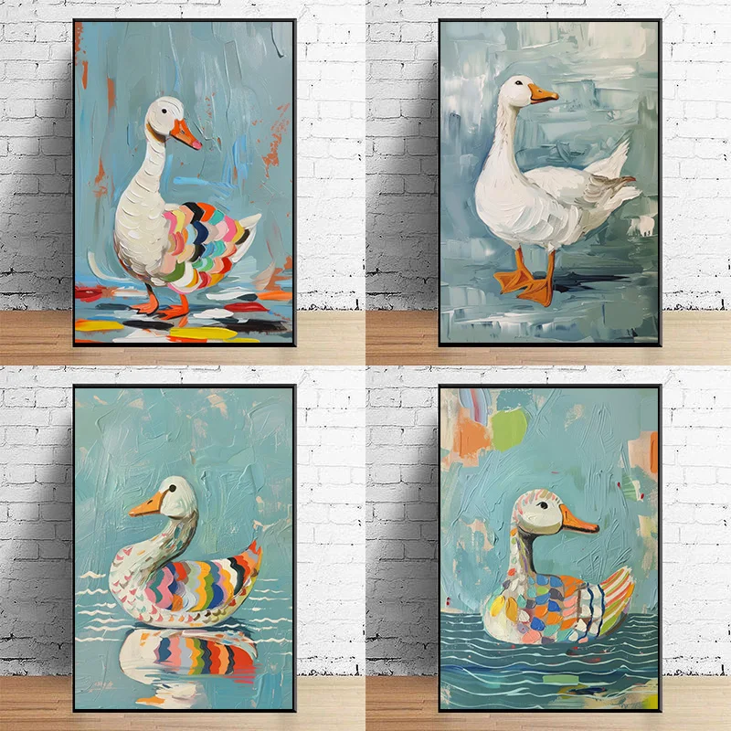 Silly Goose Colorful Watercolor Duck Blue Background Poster Print Wall Art Pictures Canvas Painting Living Room Home Decor Gift