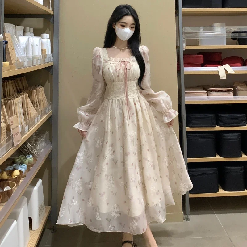 

French Square Collar Printed Chiffon Dress for Women in Plus Size Waist Cinched Long Sleeves Long Skirt