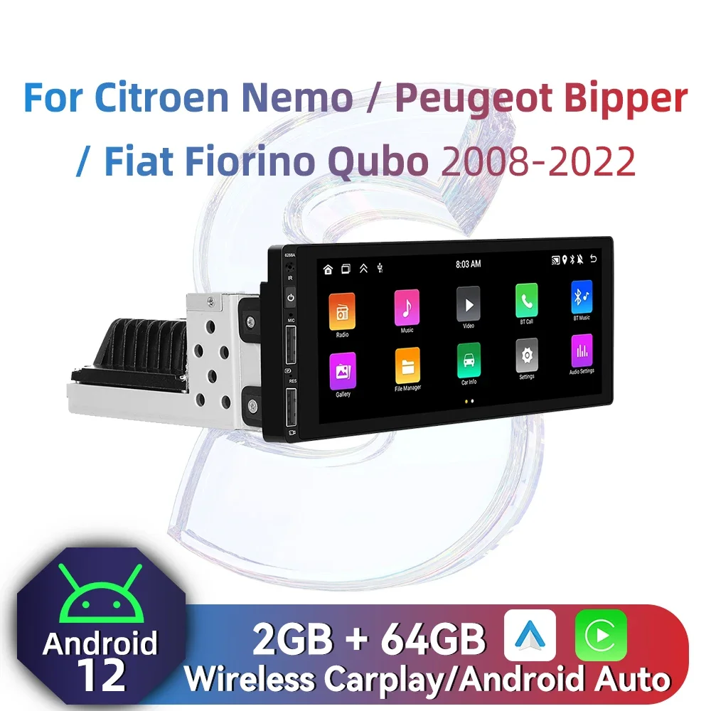 

For Citroen Nemo Peugeot Bipper Fiat Fiorino Qubo 2008-2022 6.86" 1 Din Radio Android Car Multimedia Head Unit Carplay Autoradio