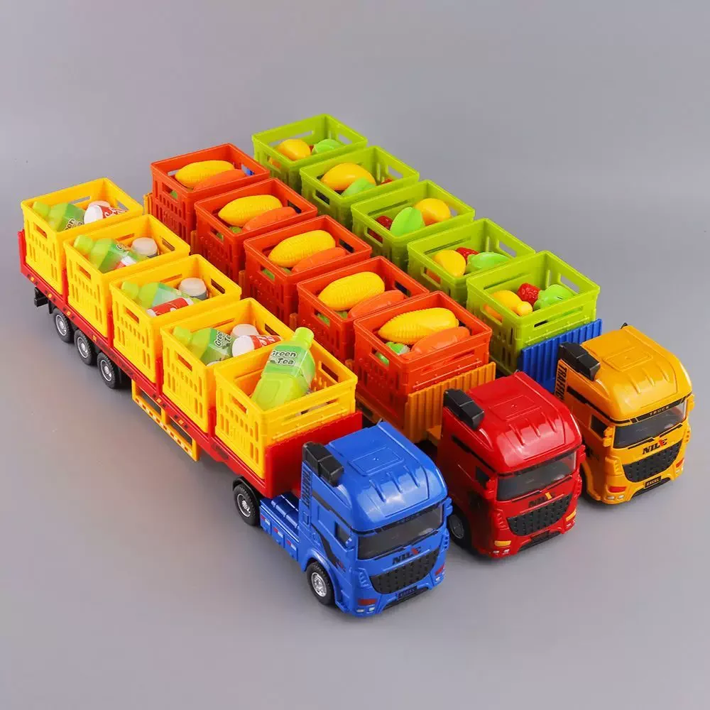 

Inertia Freight Truck Diecast Fruit Vegetable Beverage Transport Vehicle Pull Back Large Flatbed Trailer Car Model Toy Kid Gifts