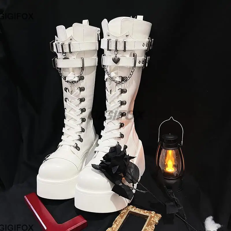 GIGIFOX Platform High Wedges Gothic Style Women Mid Calf Boots Buckle Zipper Metal Chain Punk Round Toe Autumn Shoes Boots