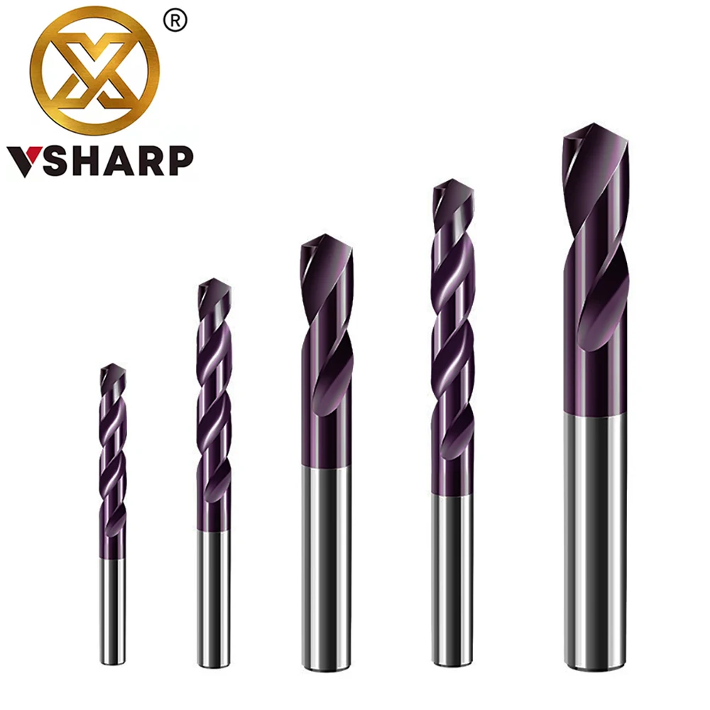 Vsharp HRC65° Solid Carbide Twist Drill Bit Tungsten Steel Alloy Drill Bit with Nano Coating for Cast Iron Alloy Stainless Steel