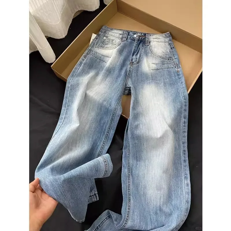 2026 Fashion Retro High Waist Jeans for Women's New Style Loose and Personalized Spicy Girl Design Washed Micro Flared Pants