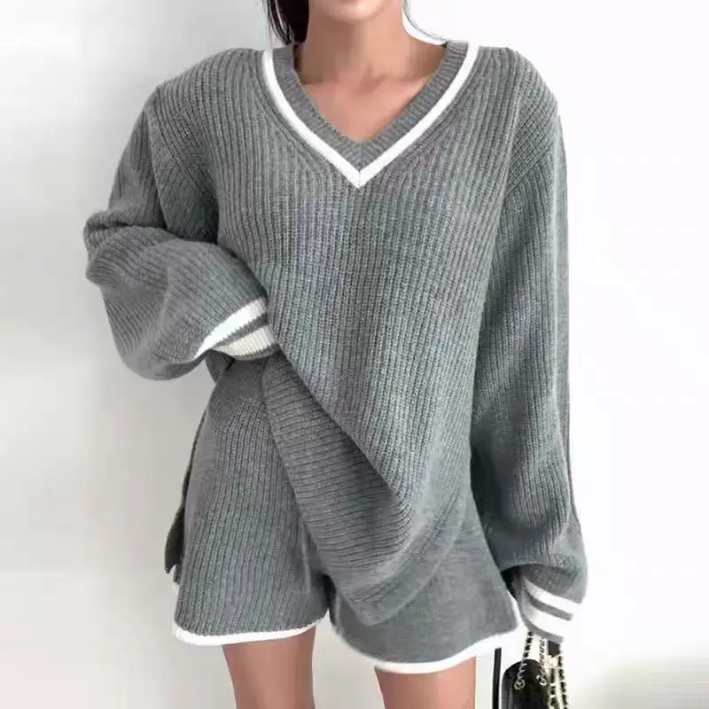 

Chic Vintage ey V-ne Knitted Sweater Women's Loose Long Sve Top Casual orts Set Commute Sle Autumn Faion