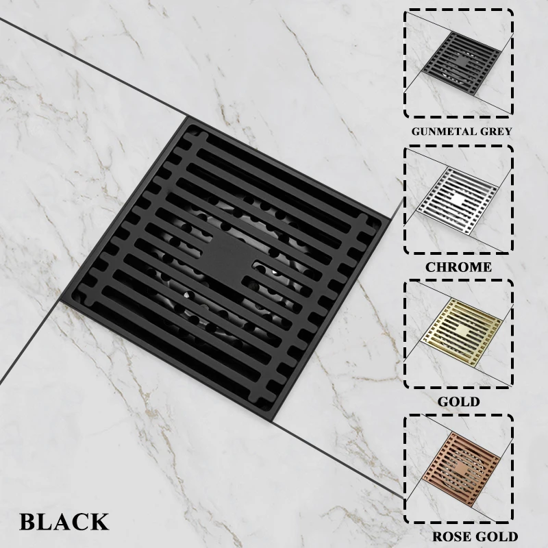 Black Golden Bathroom Square Shower Drain Brass Floor Drainer Trap Waste Grate Cover Hair Strainer Floor Water Drainage 4 Inch