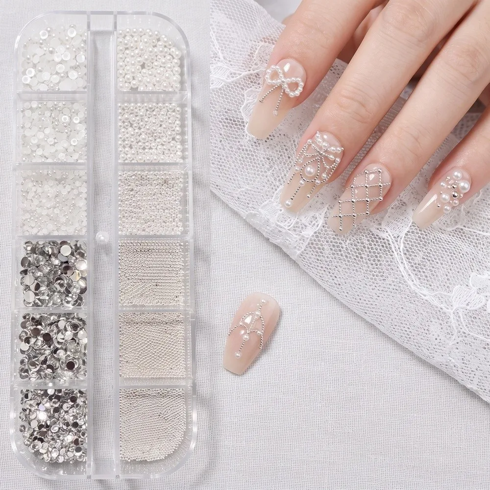 12 Grids Nail Rhinestone Kit Flat Bottom Silver Caviar Beads Nail Art Charms Mixed Mini Size 3D Design Crystal Nail Gems