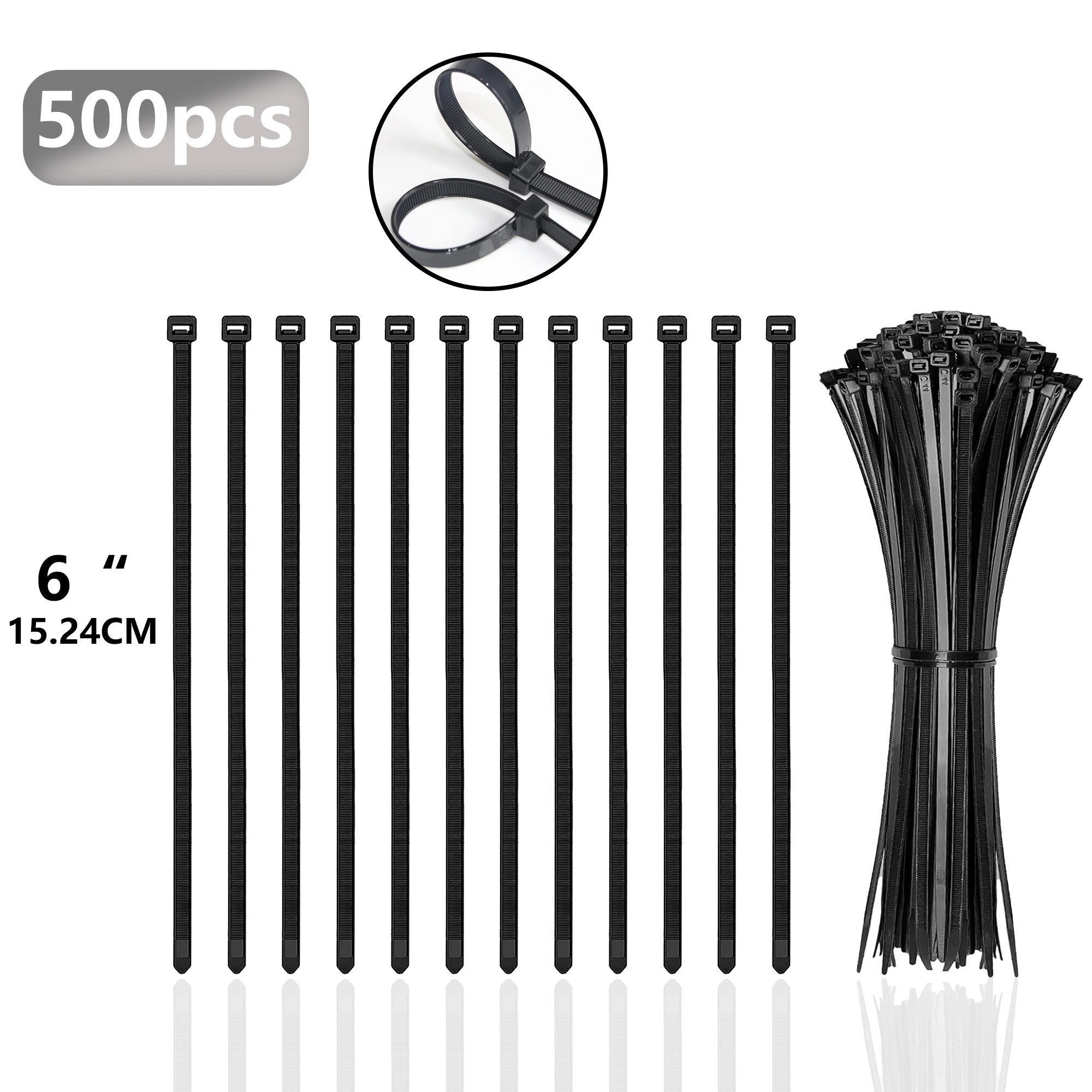 ربطات كابلات نايلون شديدة التحمل، 6 بوصة، قوة الشد 20 رطلاً، عبوة مكونة من 500 قطعة، ربطات كابلات من النايلون، عرض 0.1 بوصة/2.5 مم، أسود.