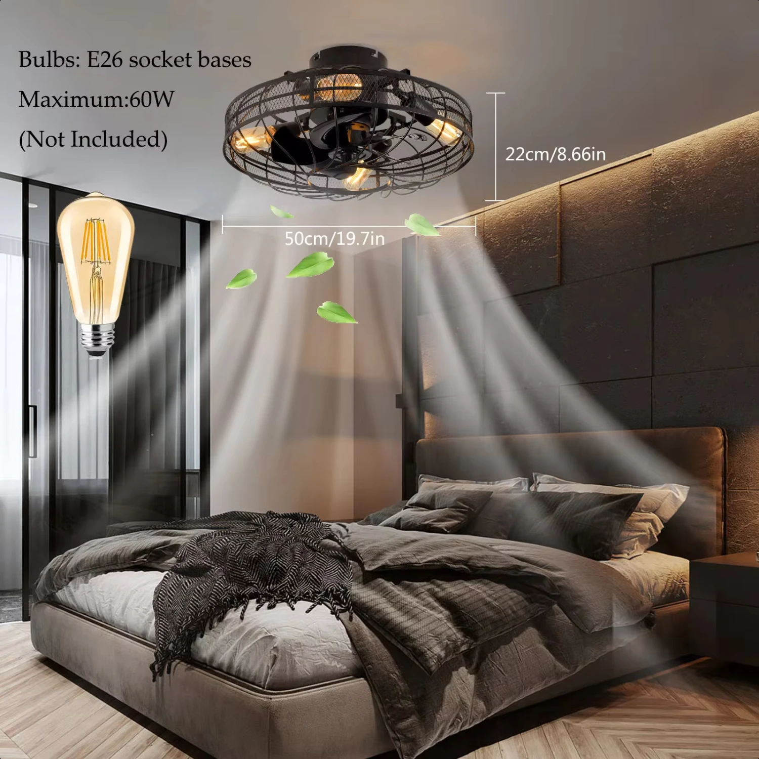 

New 20" Ceiling Fan Light Black Remote Control 3 Gear Wind Timing Chandelier Lamp with Silent Copper Motor