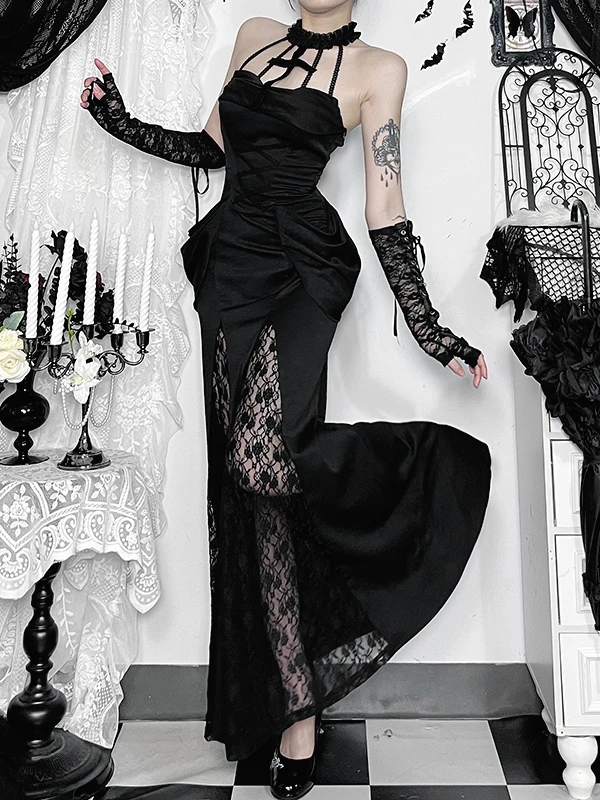 Costume gotico Sle loween Ne Hanging Dr da donna slim fit in vita lunga Dr sexy con cerniera a vita alta Bal