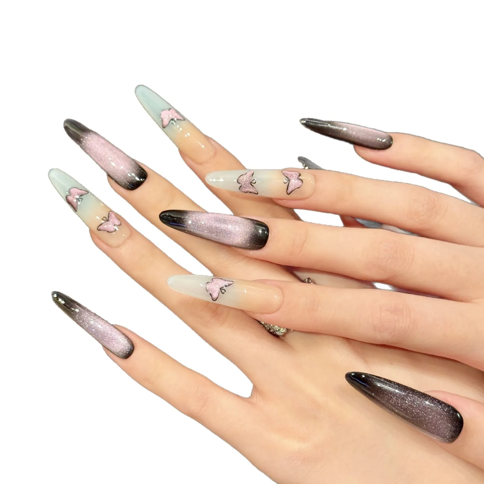 

24pcs Fake Nails with A Dark Purple Cat's Eye Dreamy Floating Light Butterfly DesignThese Press-on Nails Are Suitable for Girls
