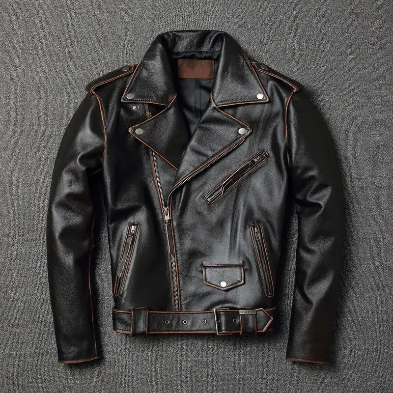 High Quality Men's Genuine Leather Jacket Male Retro Oblique Zipper Aviator Bomber Jacket Man Casual Motorcycle Make Old Brown