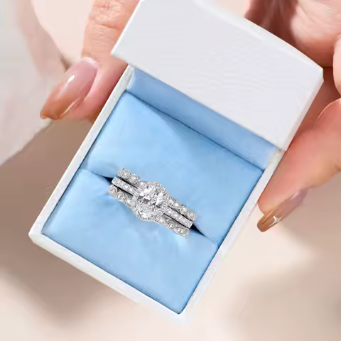 Newshe 3 Pieces Wedding Engagement Rings Set for Women 925 Sterling Silver Jewelry Art Deco Bands Oval AAAAA Cubic Zircon Ring