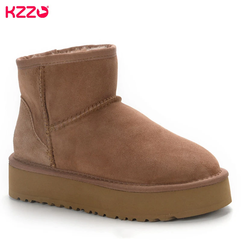 KZZO-Botas femininas de couro de camurça de carneiro, botas de neve forrado com lã natural, sola grossa, sapatos quentes, inverno