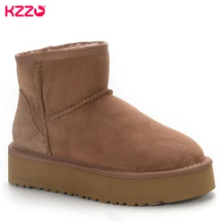 KZZO Women's Sheepskin Suede Leather Boots Natural Wool Lined Australian Classic Thick Sole Ankle Snow Boots Winter Warm Shoes