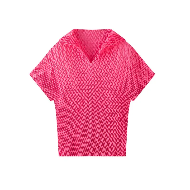 

Miyake Collar Wavy Pleated T-Shirt 2026 Summer New Casual Loose-Fit Short Sleeve Top Minimalist Stretch Women Wear Wrinkle-Free