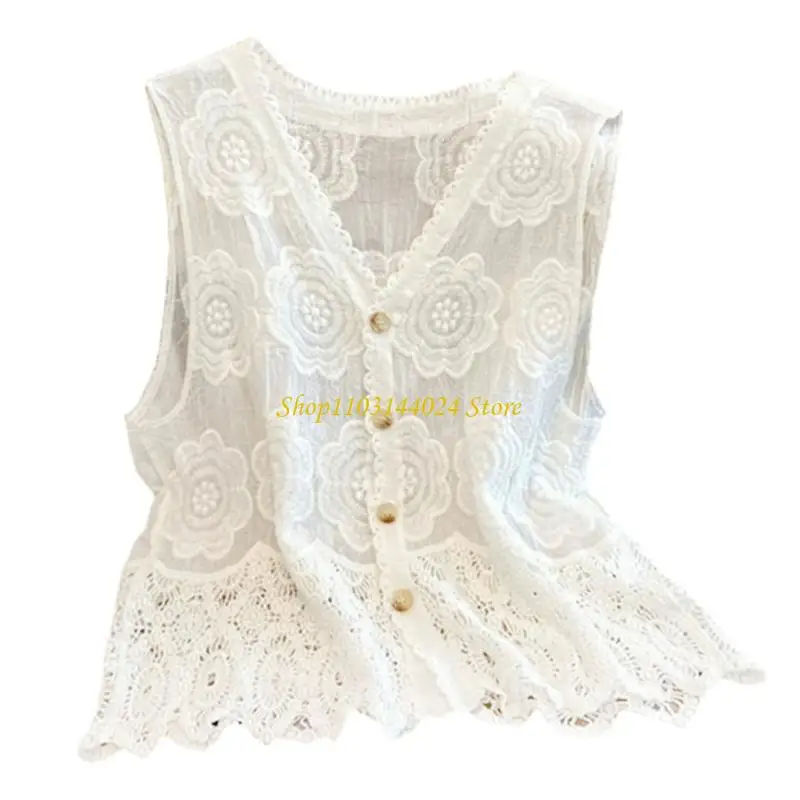 

N5KE Embroidered Flower Cotton Vest Breathable V Neck Button Down Sleeveless Cardigan Bohemian Crochet Top for Women