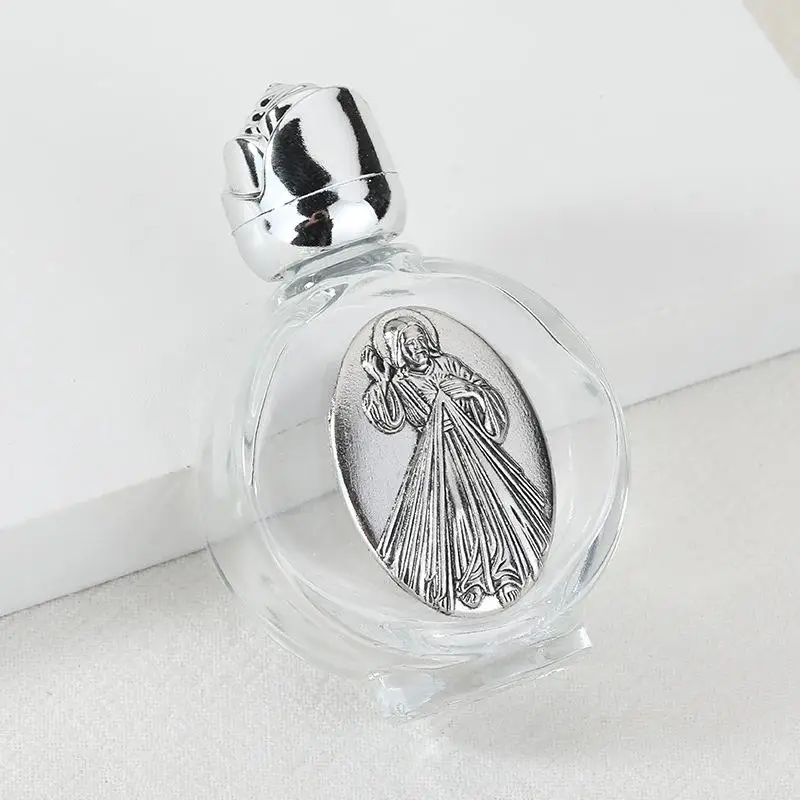 Alloy Glass Holy Water Bottle Silver Lid Rose Crystal Glass Empty Holy Water Jesus Bottle Religious Bottle Home Essential