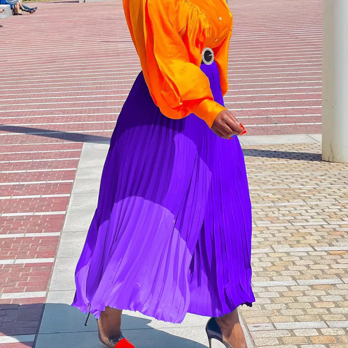 Faionable Color Blo A-Line Saia Plissada Midi Saia Commute Sle Mid Cintura Design Saia Longa Bainha Dobrada Outro Material