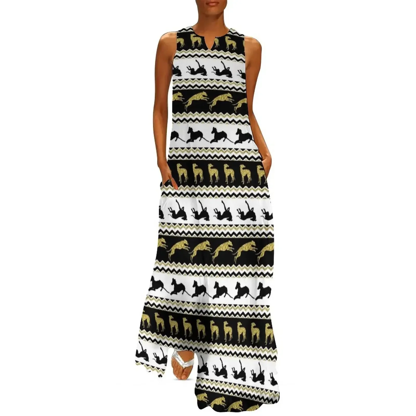 

Greyhounds in Black Gold and White Long Dress luxury dresses cute dress Woman clothes Dresses gala Dress